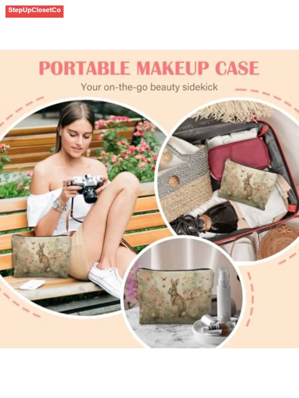 Floral Bunny Makeup Bag, Vintage Cottagecore Cosmetic Pouch for Women,